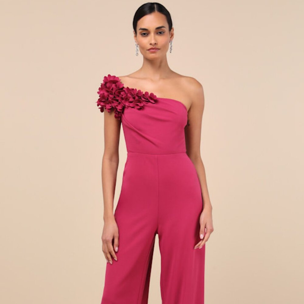 Lulus Damara Magenta Floral Applique One-shoulder Jumpsuit Pink - Size L